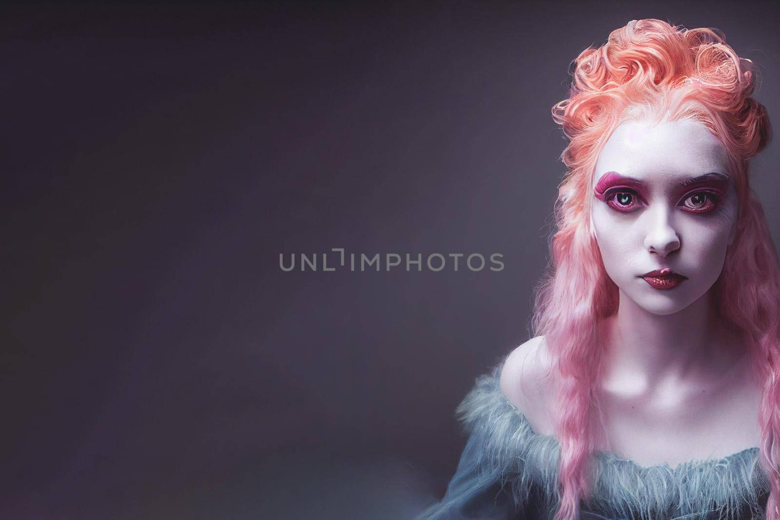 Spooky portrait pale white humanoid of a woman with light blonde and pink hair in halloween makeup. by FokasuArt