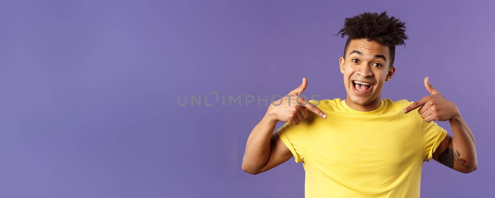 I am what you need. Close-up portrait of charismatic, cute smiling man boastful, proudly pointing at himself and talking won accomplishment, want to be candidate, participant, purple background.