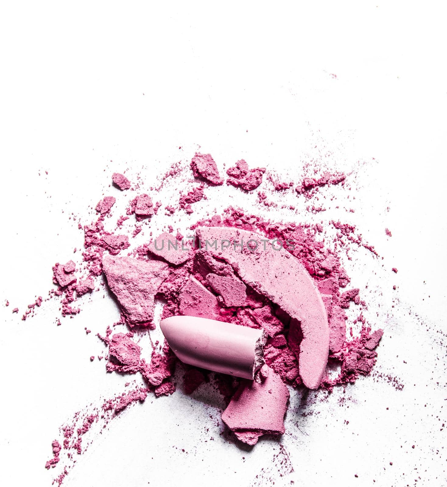 Beauty texture, cosmetic product and art of make-up concept - Crushed eyeshadows, lipstick and powder isolated on white background