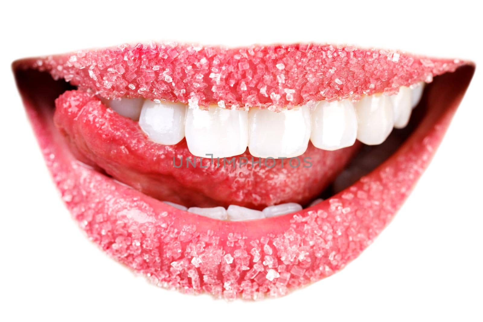 Closeup of woman's lips covered with sugar. Toothy smile by Nobilior