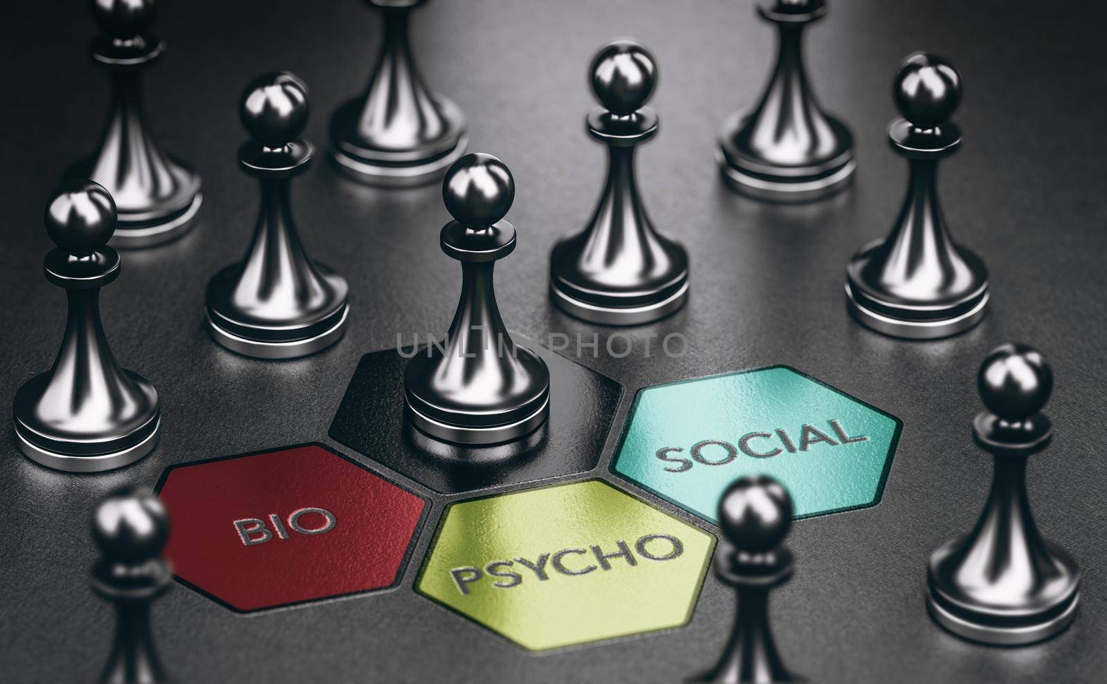 Pawns over black background with the text bio, psycho and social. Biopsychosocial model concept. Mental health approach. 3D illustration.