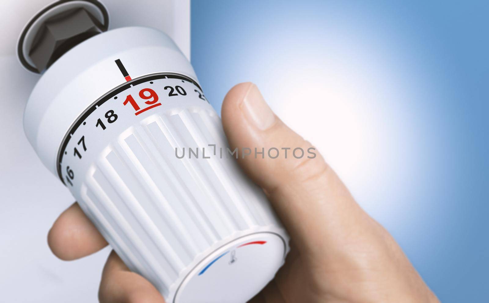 Man reducing energy consumption by setting thermostat temperature to 19 degrees. Close up on a knob. Composite image between a 3d illustration and a hand photography.