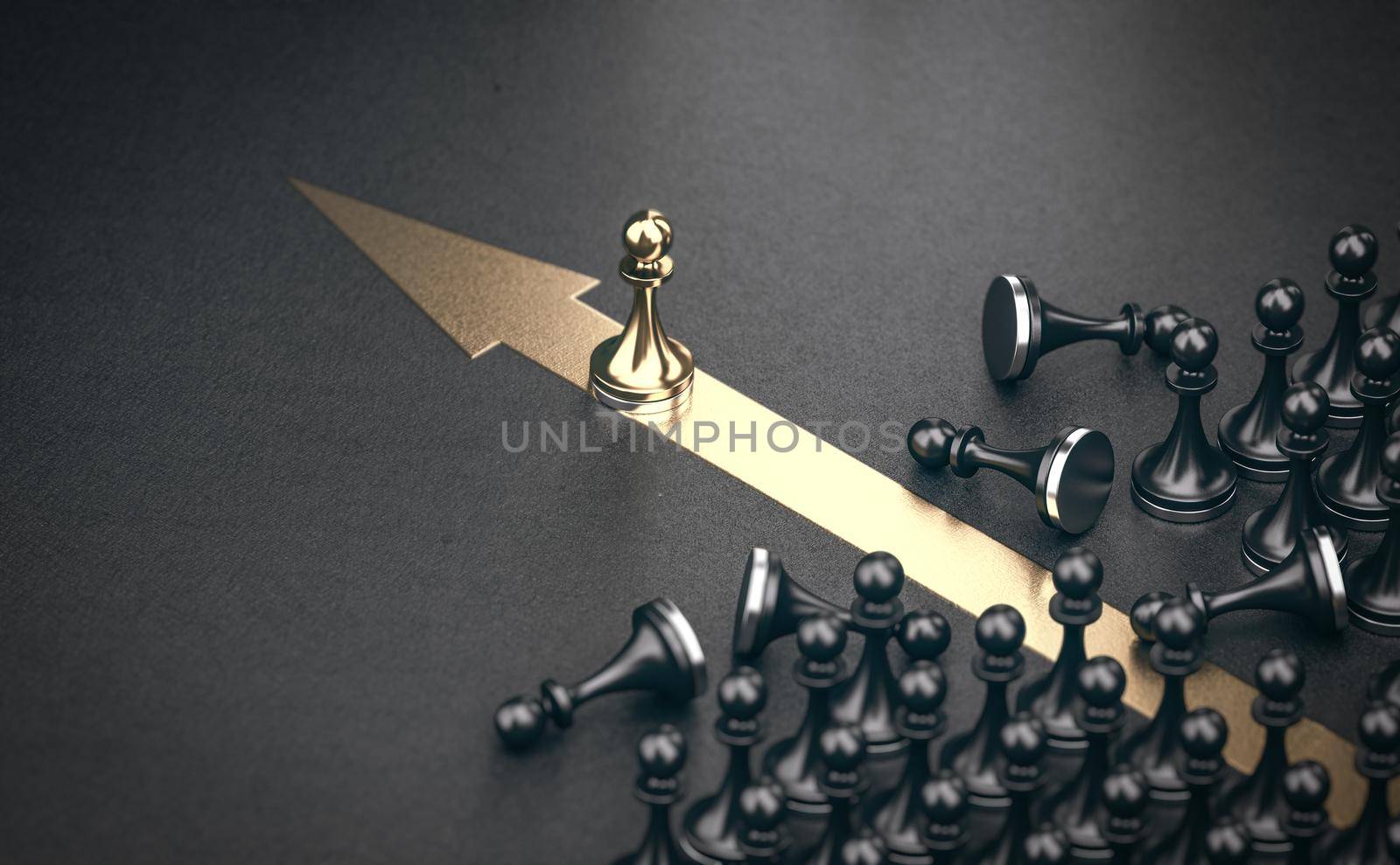 Golden pawn beating competition over black background. Outsider and market domination concept. 3d illustration.
