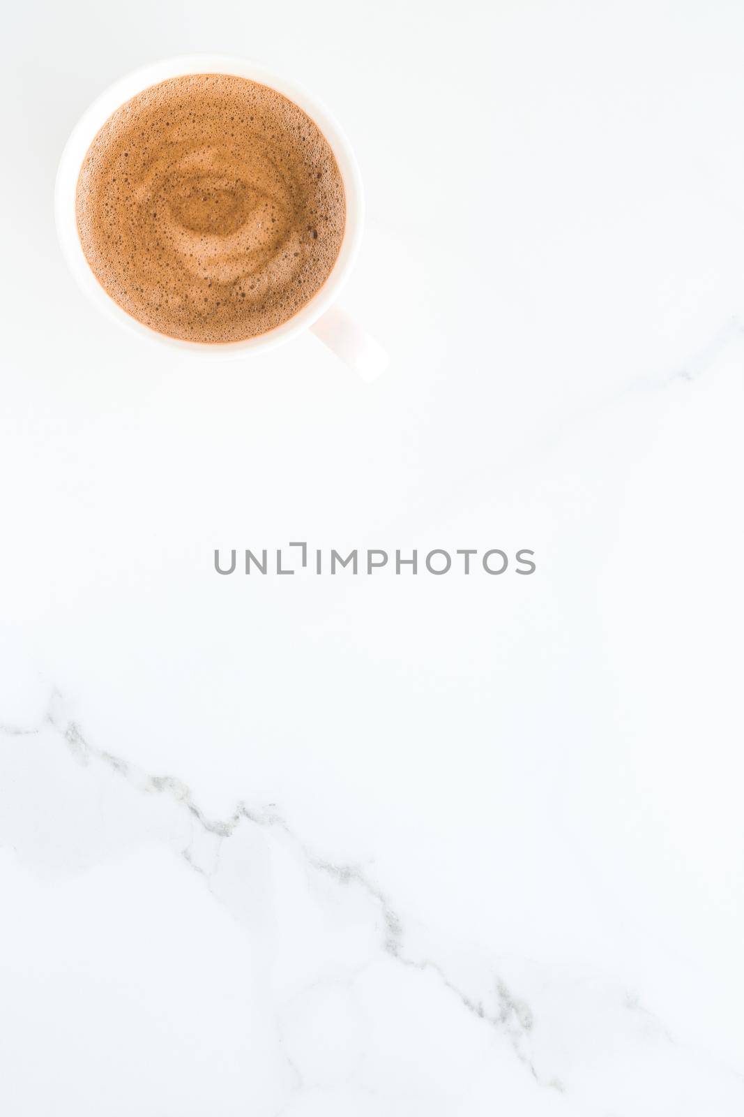 Hot aromatic coffee on marble, flatlay by Anneleven