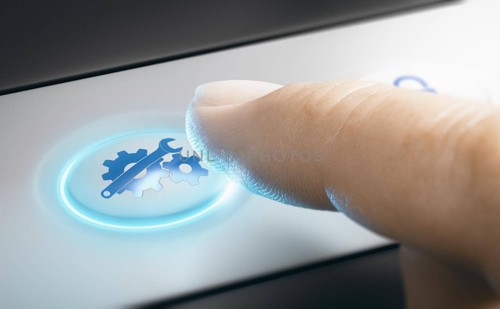 Finger pressing a blue button with gears and a wrench on a simple dashboard. Electronics maintenance service concept. Composite image between a 3d illustration and a photography.