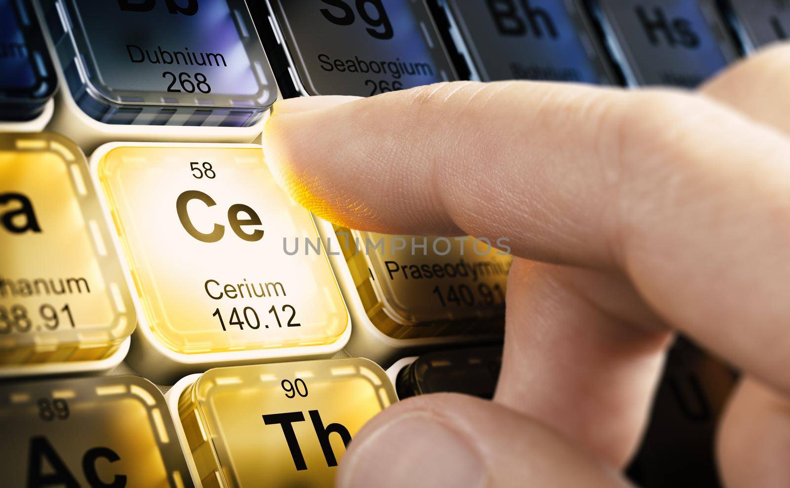 Finger pushin a square buton with the chemical element named Cerium on a periodic table. Composite image between a 3d illustration and a photography.