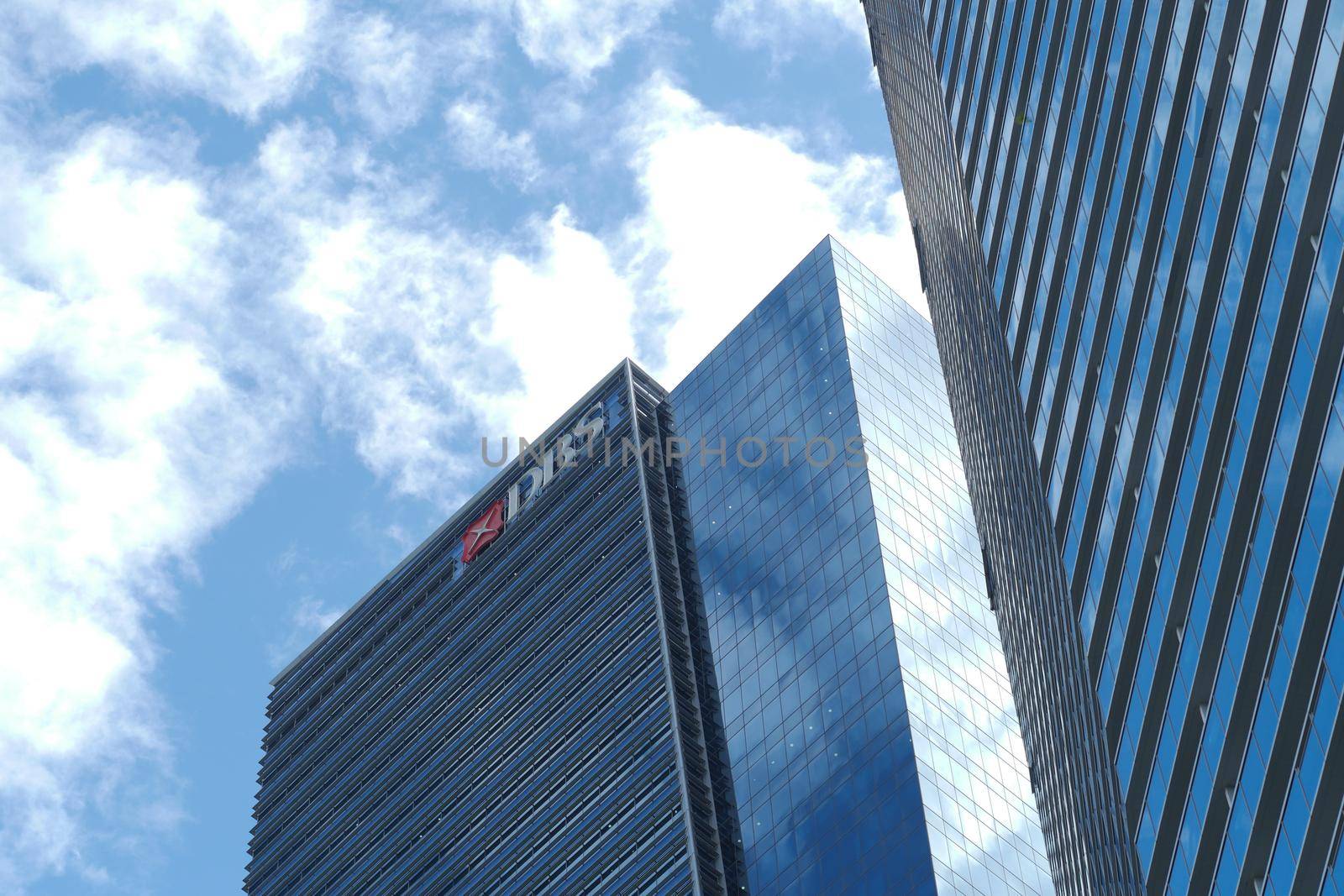 Singapore Marina bay 1 june 2022. DBS bank logo on financial building,