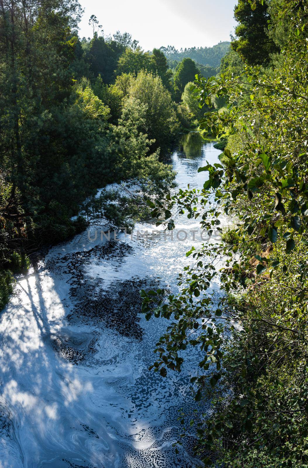 View from the top of the bridge of white foam pollutants swirling across the water surface floating on river Caima, Palmaz - Oliveira de Azemeis - Portugal.