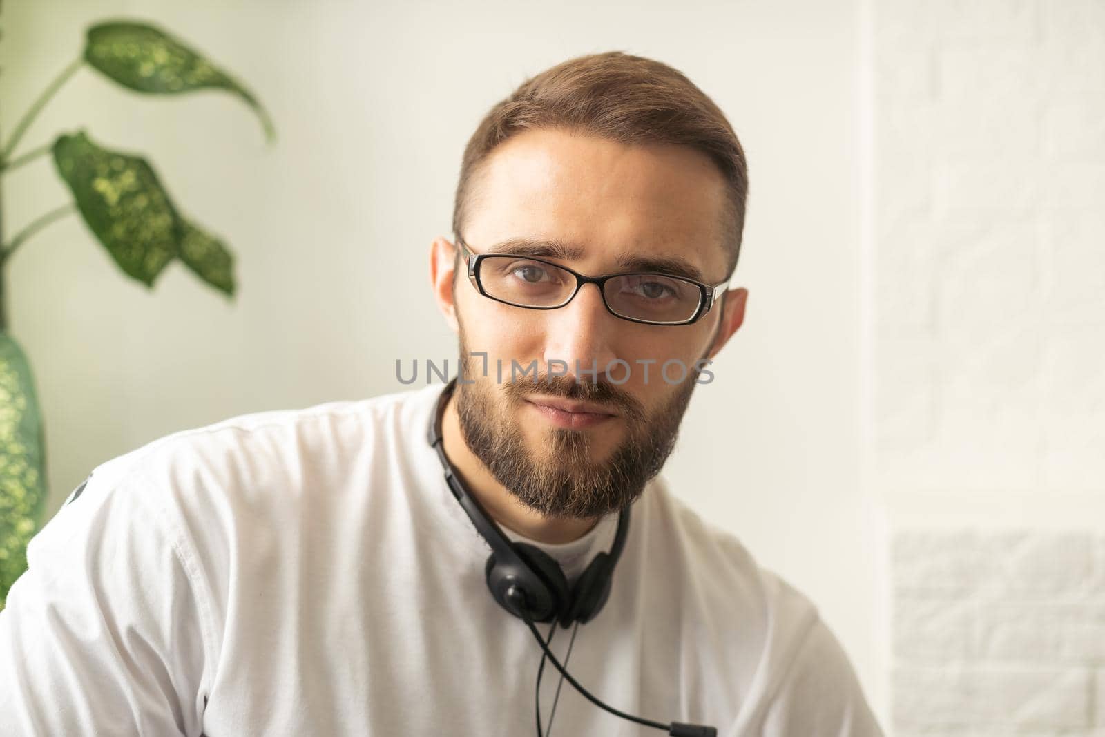 Headshot portrait of happy millennial man in casual clothes isolated on grey studio background posing, smiling young male in shirt look at camera with wide healthy teeth, demonstrated dental treatment by Andelov13