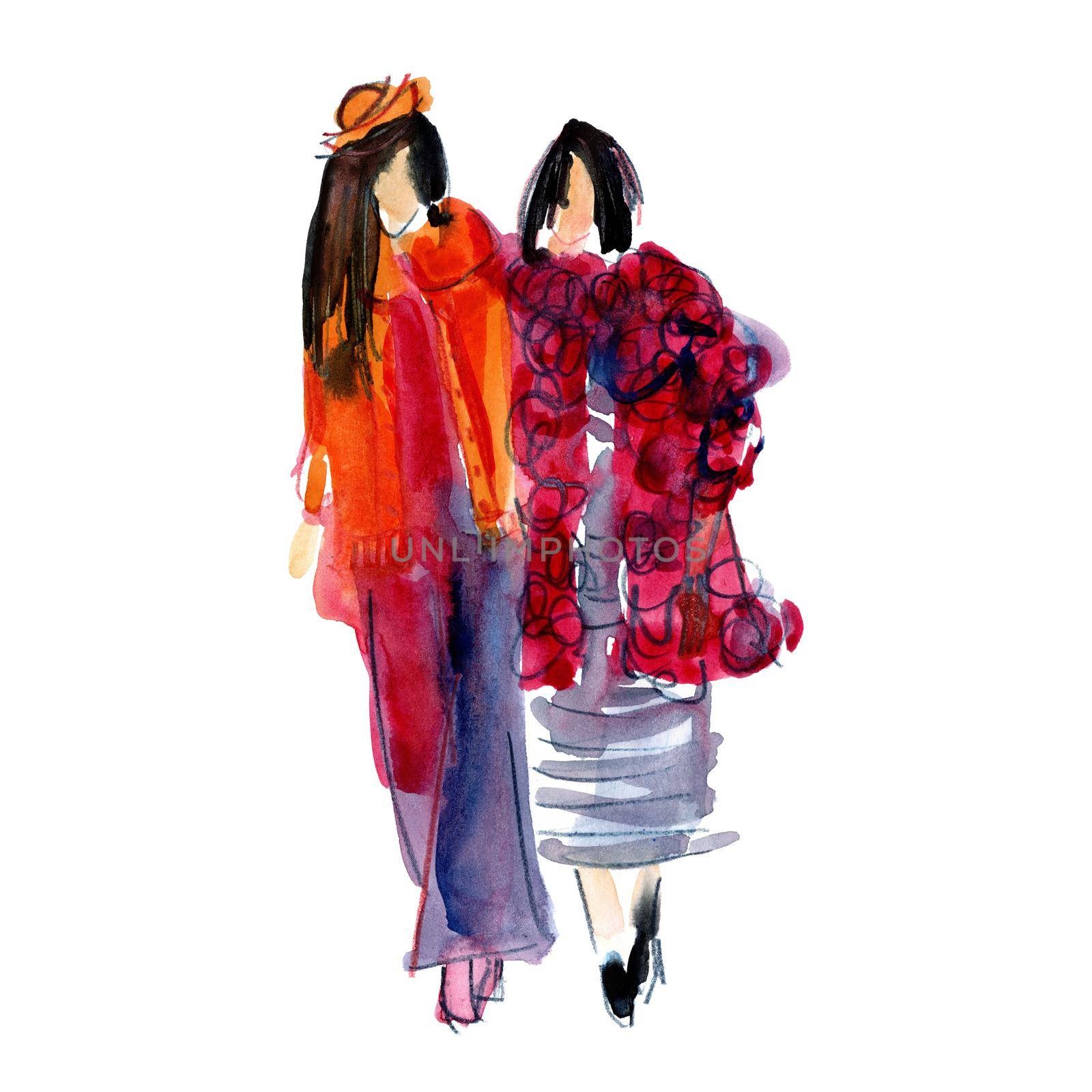 Hand watercolor illustration: a company of girls in fashionable clothes