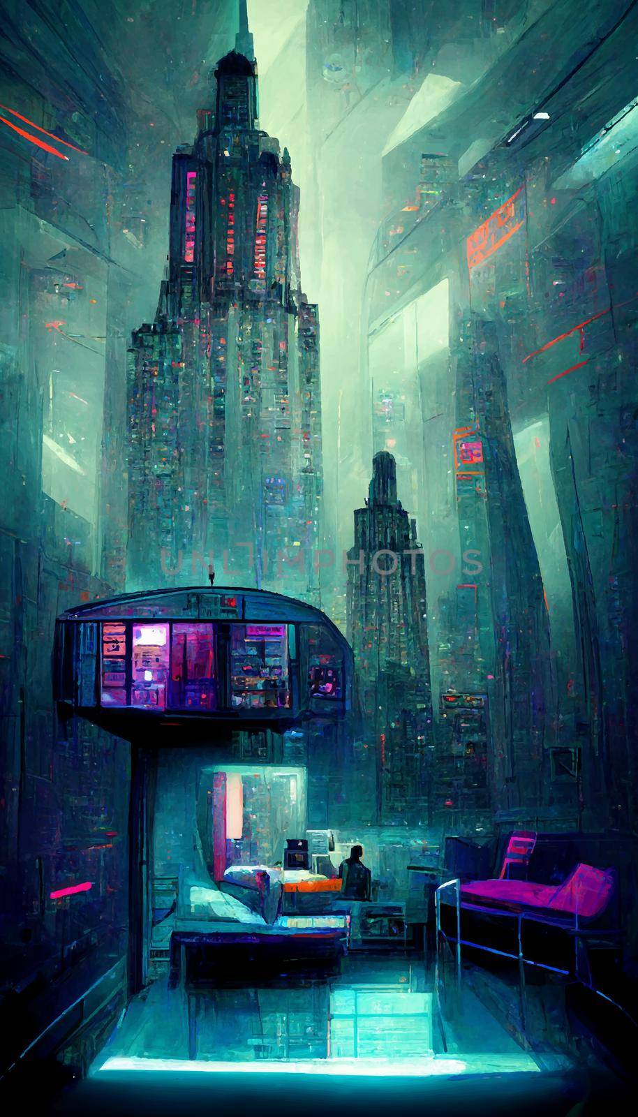 futuristic room in cyberpunk dystopian New York illustration. illustration for wallpaper