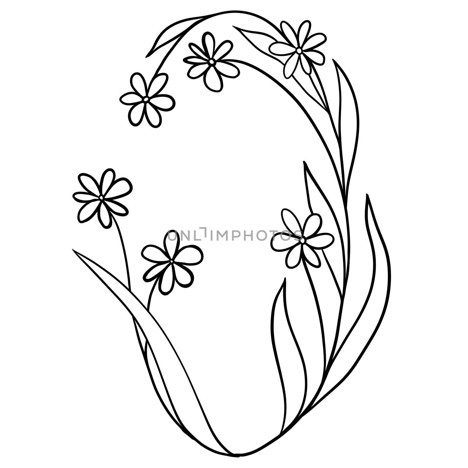 Hand drawn one black line illustration of floral flowers leaves. Elegant leaf nature composition, simple minimalist bouquet branch sketch. Isolated bloom blossom garden frame