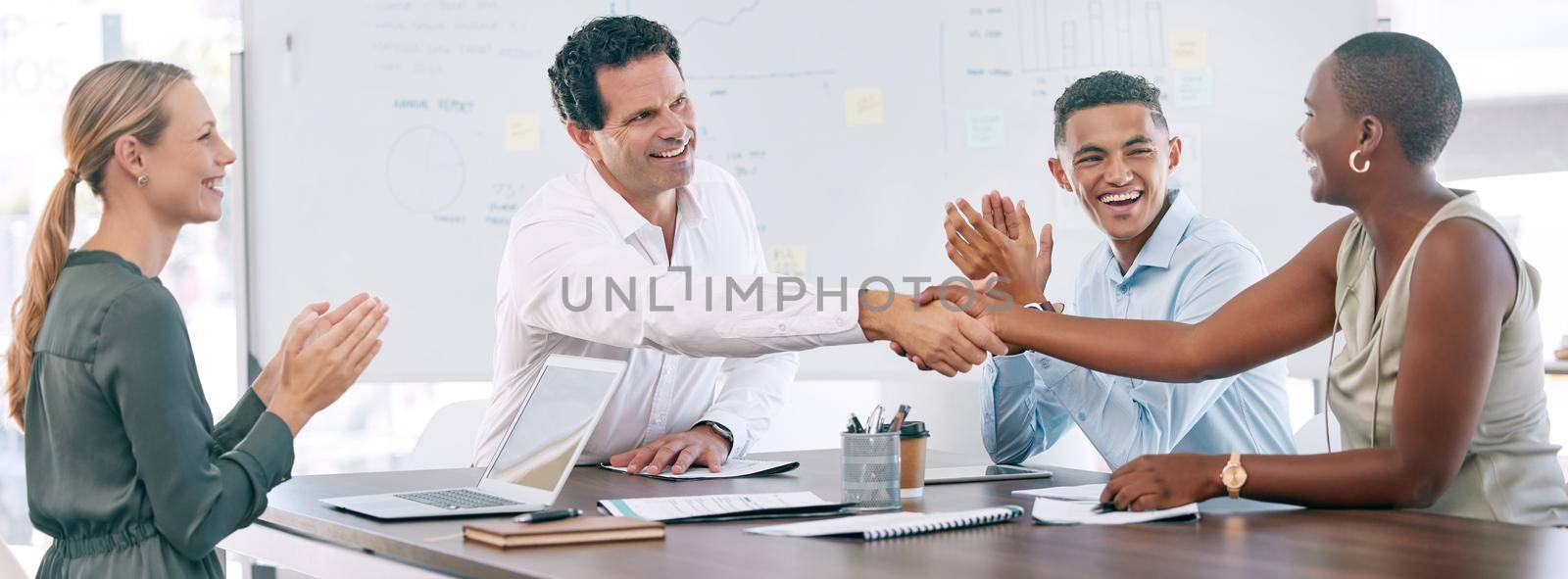 Deal, handshake and celebration for success in business meeting, partnership and business collaboration. Creative management team welcome b2b teamwork and cooperation in company or agency from CEO.