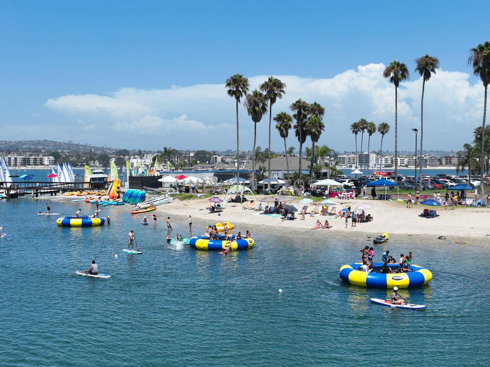 Aerial view of boats and kayaks in Mission Bay water sports zone in San Diego. Famous tourist destination, California. USA. August 22nd, 2022