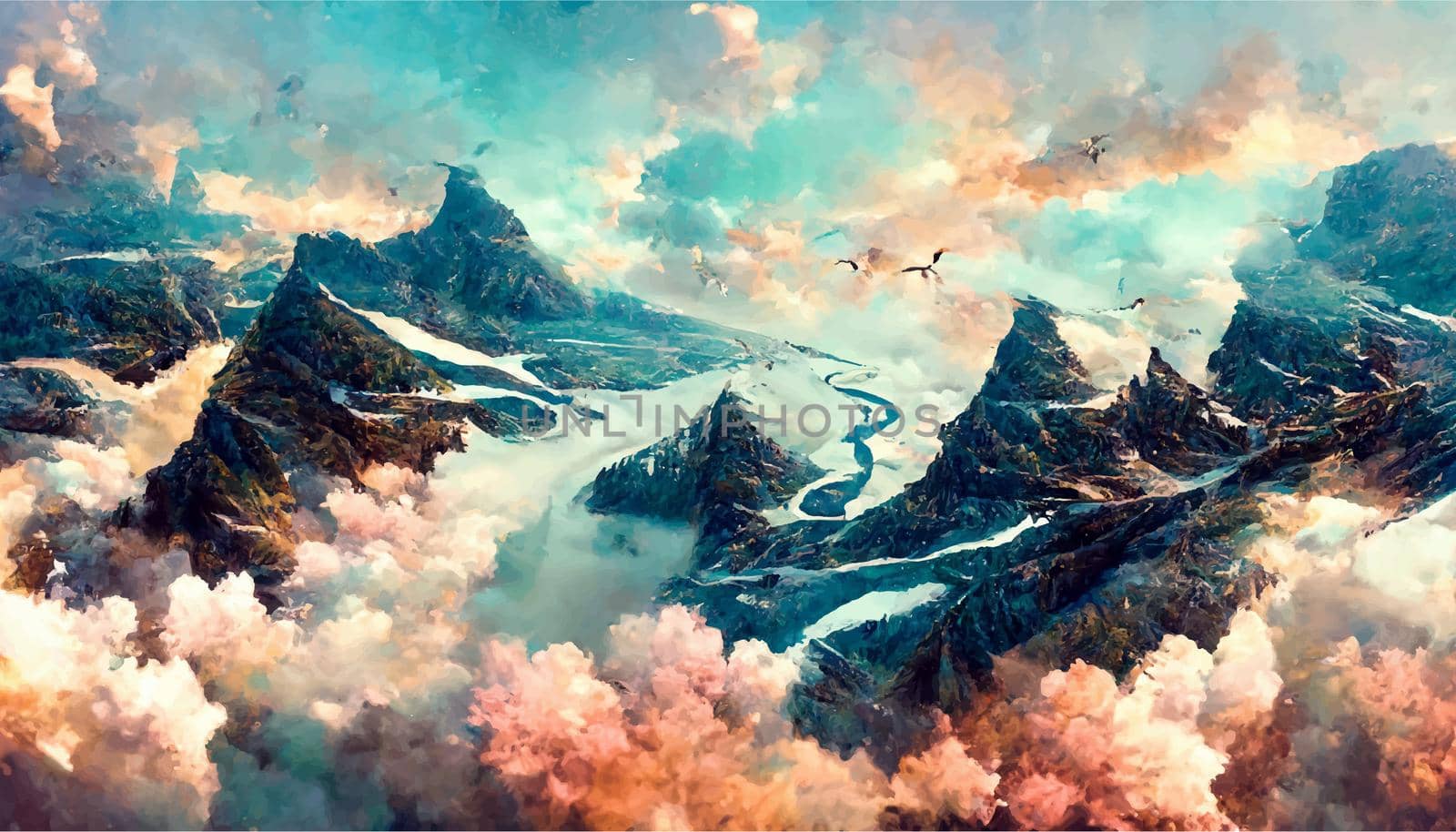 birds flying over rivers and mountains wallpaper illustration. illustration for wallpaper.