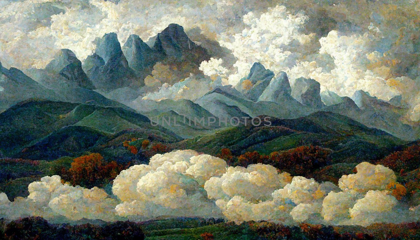 landscape with clouds over the mountains, watercolor illustration. illustration for wallpaper.