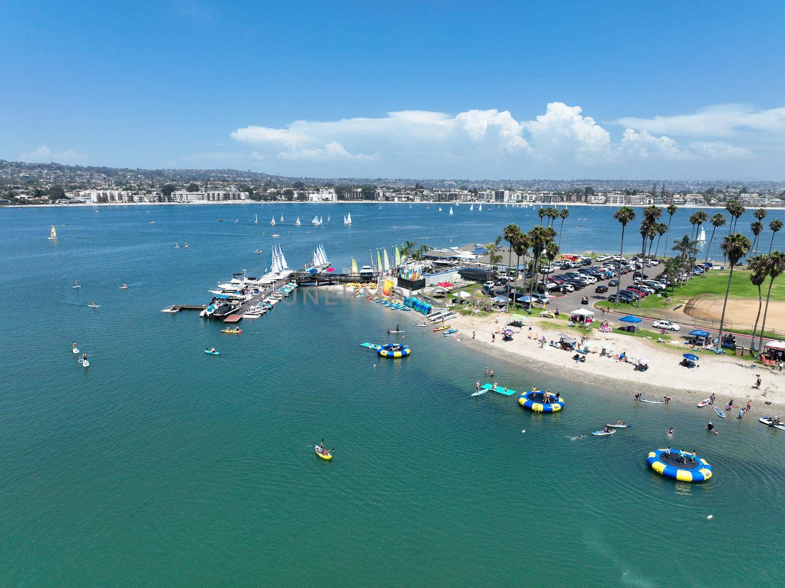 Aerial view of boats and kayaks in Mission Bay water sports zone in San Diego, California. USA. by Bonandbon