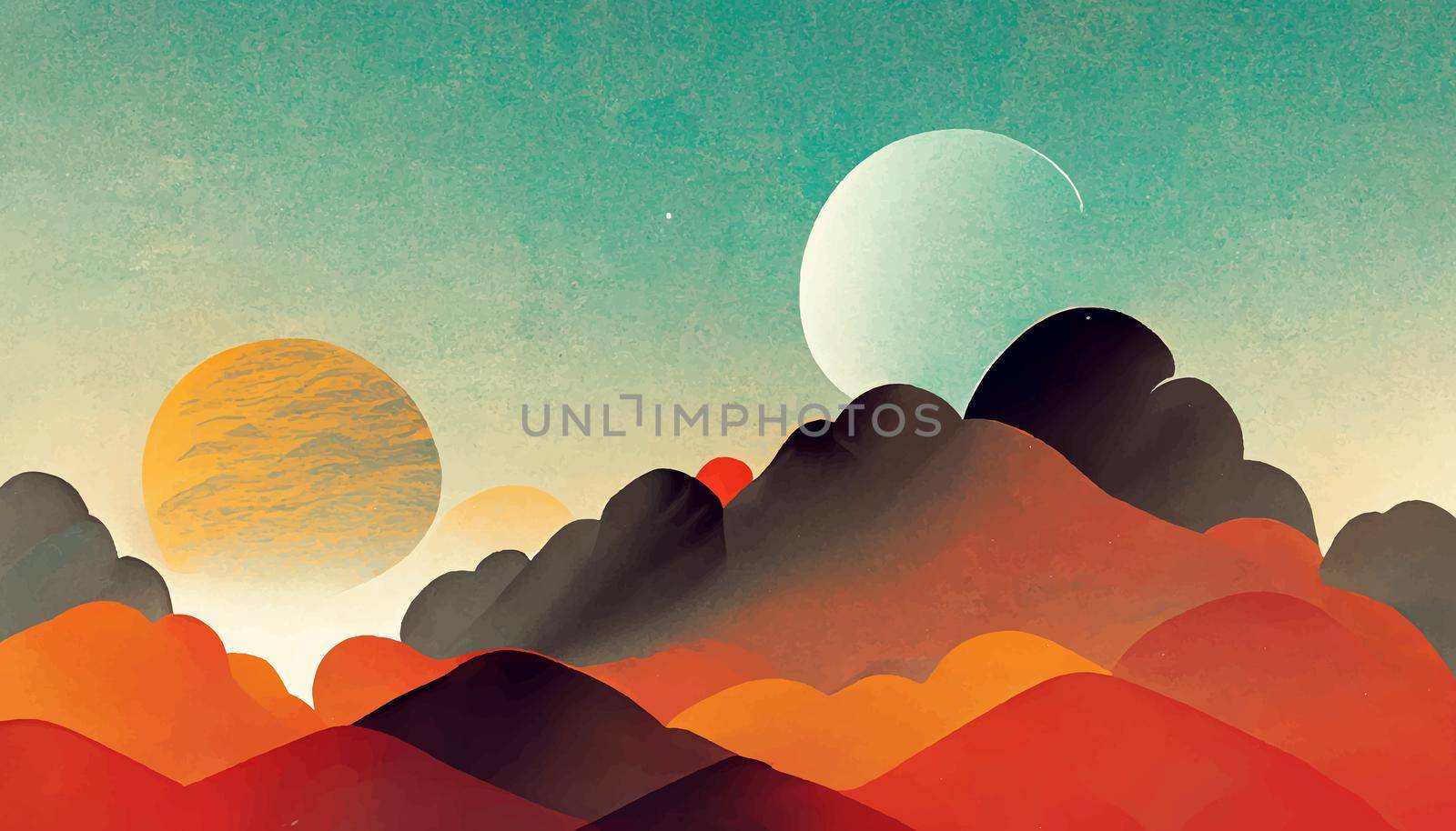 Holiday Sunset at mountains flat design poster artwork. illustration for wallpaper.