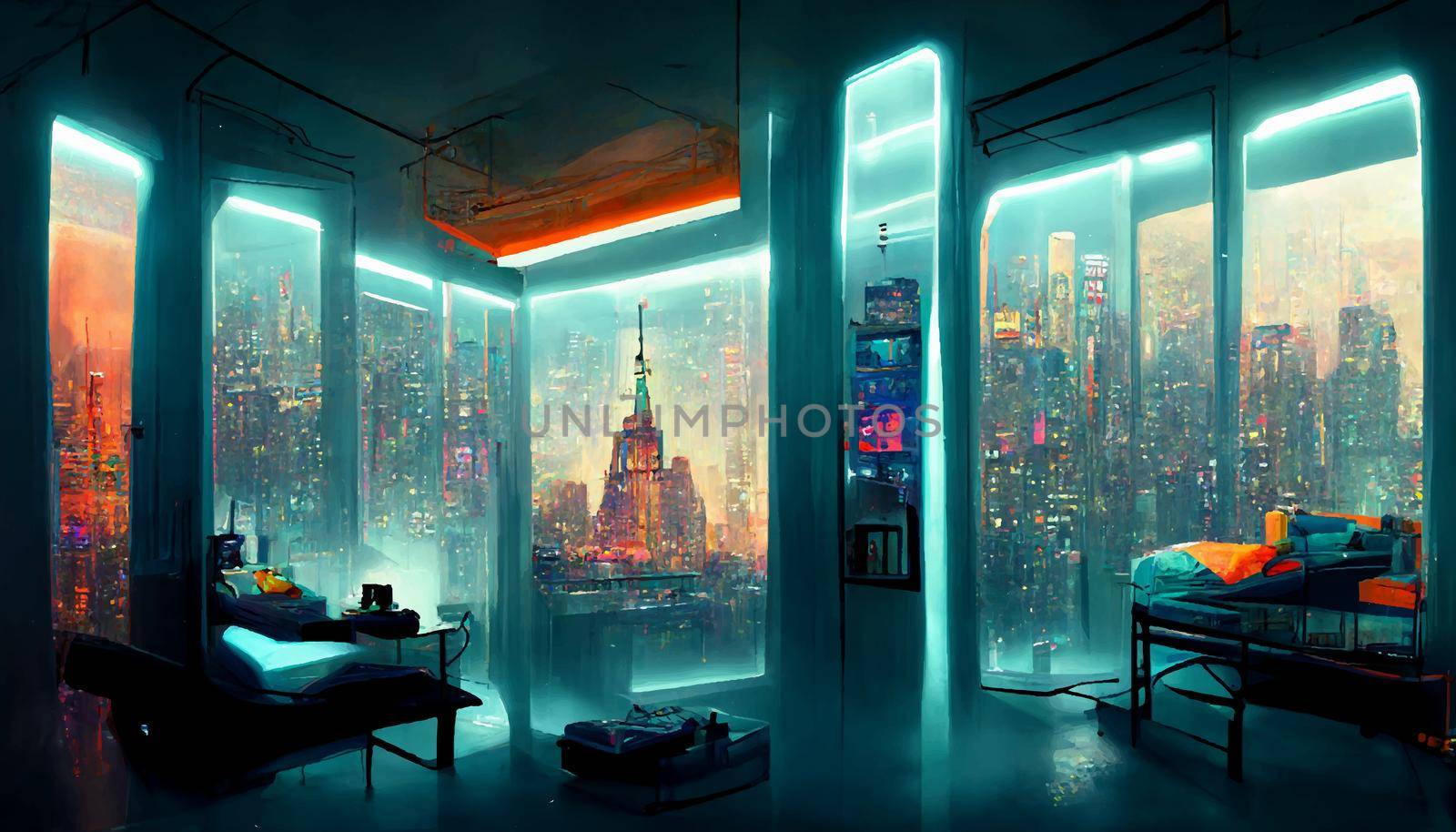 futuristic room in cyberpunk dystopian New York illustration. illustration for wallpaper