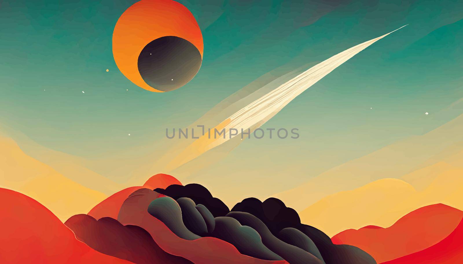 Holiday Sunset at mountains flat design poster artwork. illustration for wallpaper.