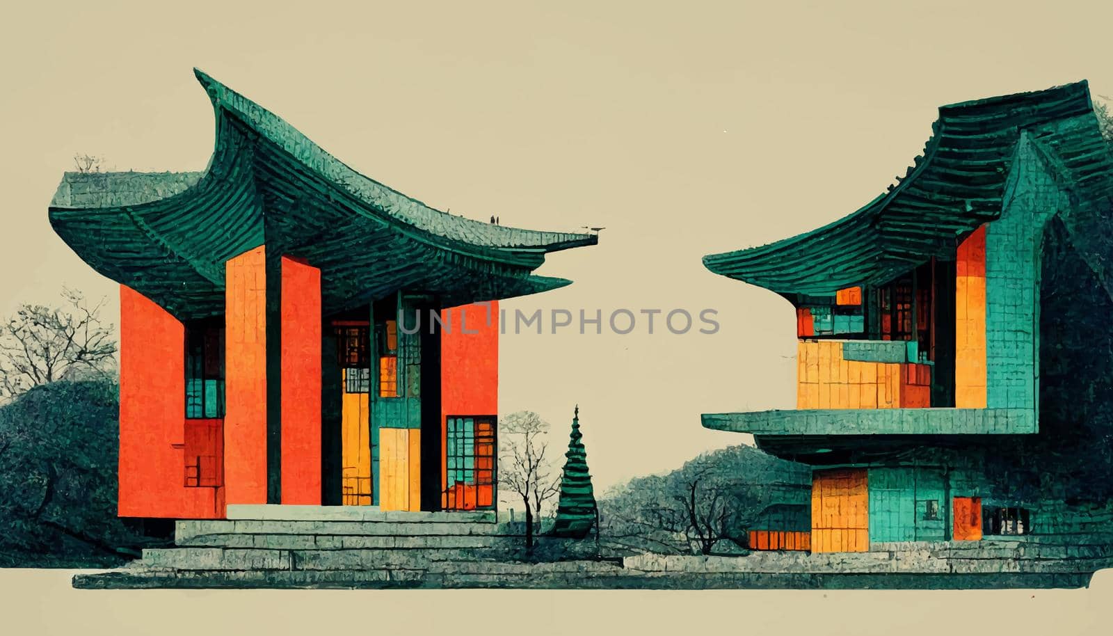 Korean architecture illustration. amazing korean architecture. illustration for wallpaper.