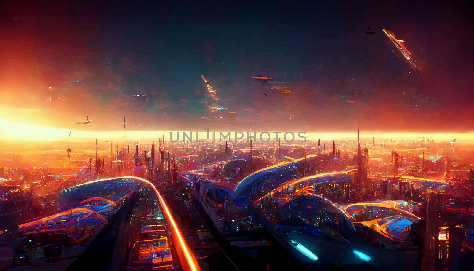 Spaceship up to Futuristic City neon ligths Fractal architecture illustration. illustration for wallpaper.