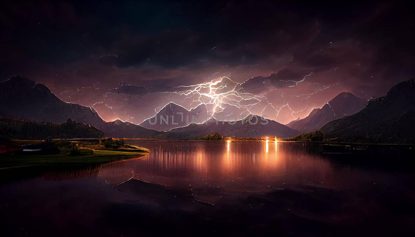 beautiful landscape with a lake surrounded with mountains illustration. illustration for wallpaper.