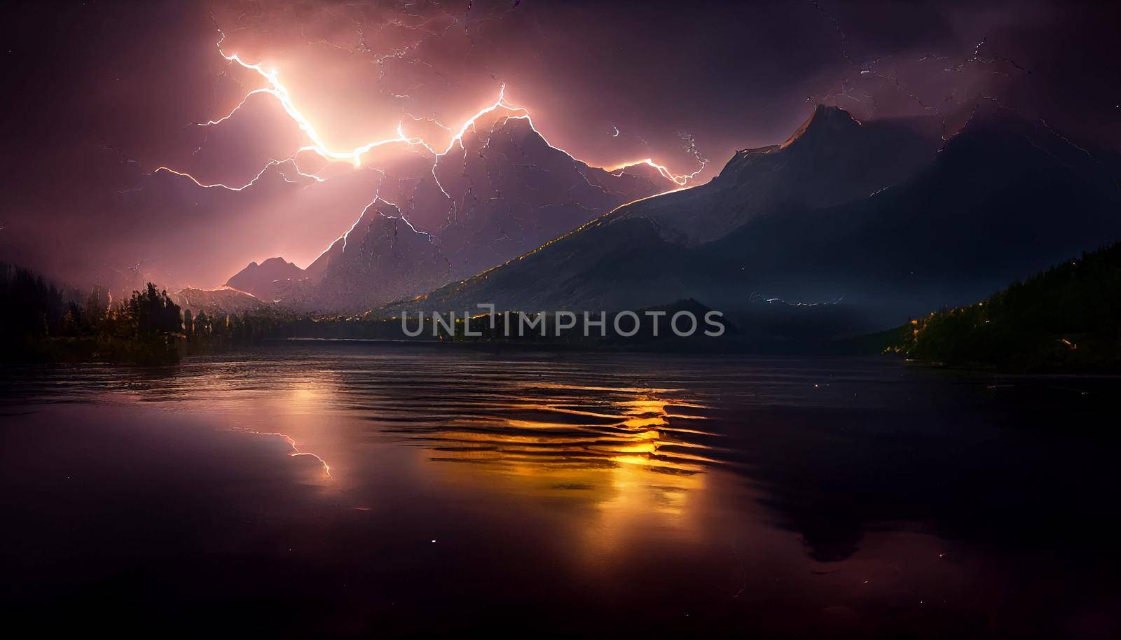 beautiful landscape with a lake surrounded with mountains illustration. illustration for wallpaper.