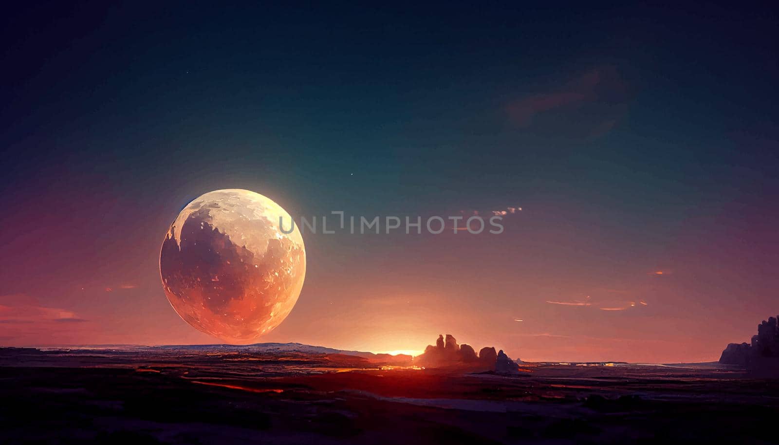moon sunset environment cinmatic illustration. illustration for wallpaper.