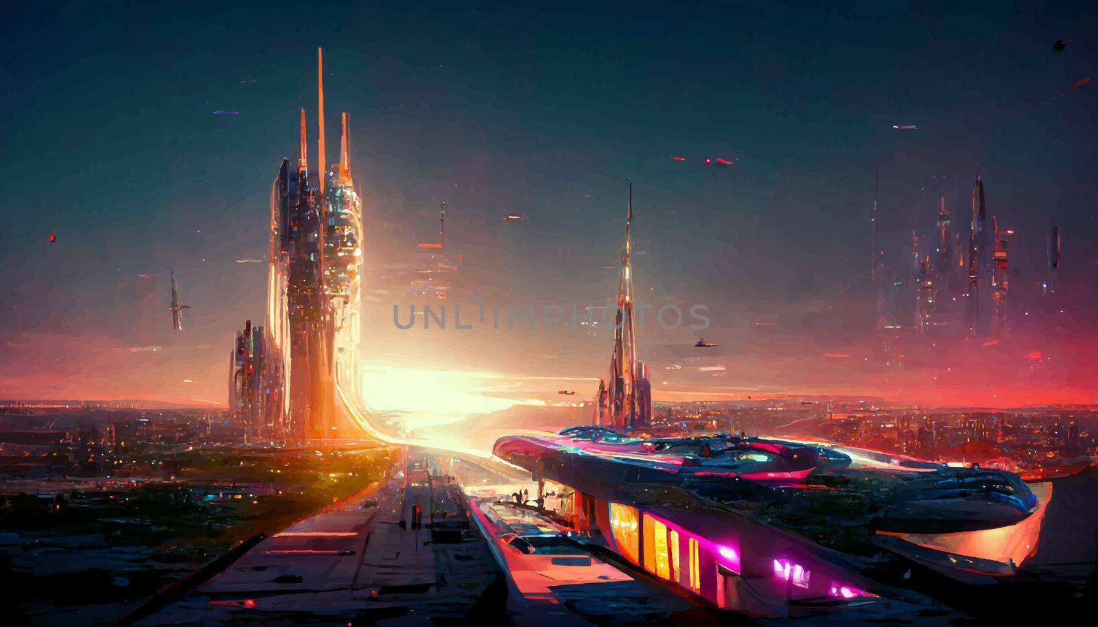 Spaceship up to Futuristic City neon ligths Fractal architecture illustration. illustration for wallpaper.