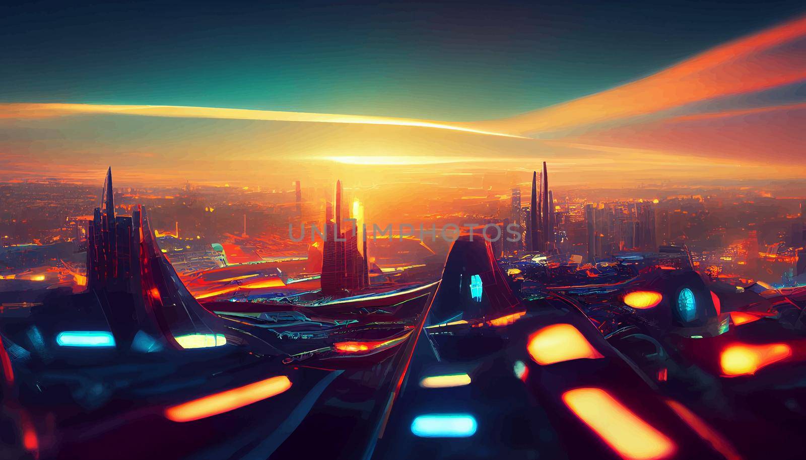 Spaceship up to Futuristic City neon ligths Fractal architecture illustration. illustration for wallpaper.