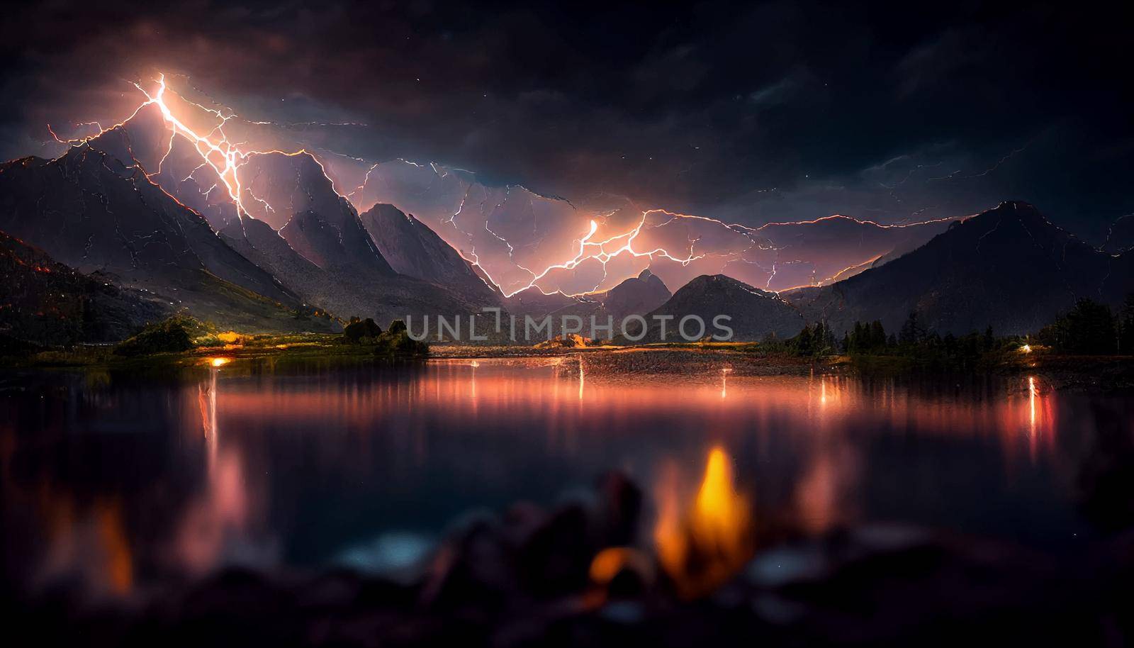 beautiful landscape with a lake surrounded with mountains illustration. illustration for wallpaper.