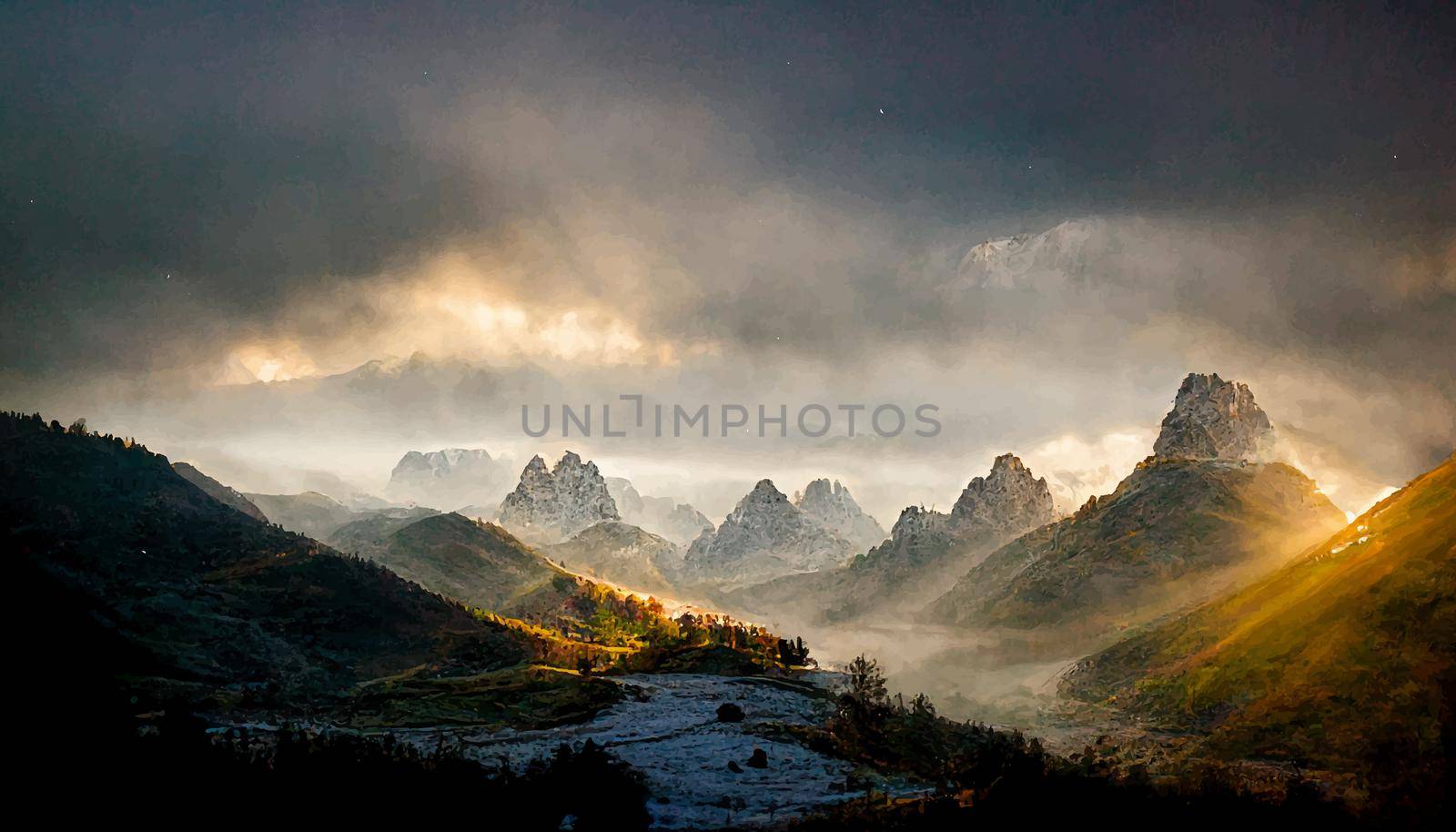 landscape with clouds over the mountains, watercolor illustration. illustration for wallpaper.