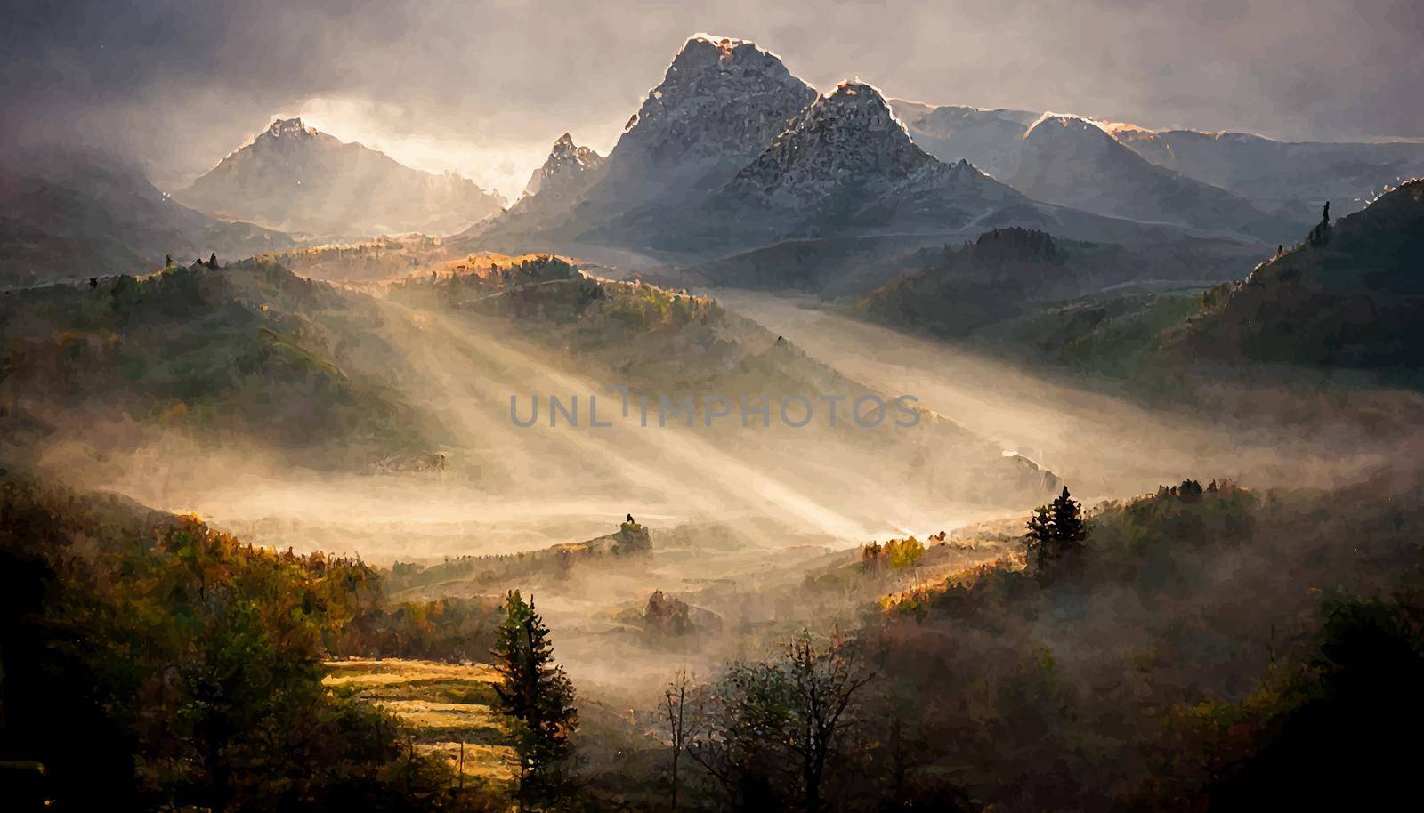 landscape with clouds over the mountains, watercolor illustration. illustration for wallpaper.