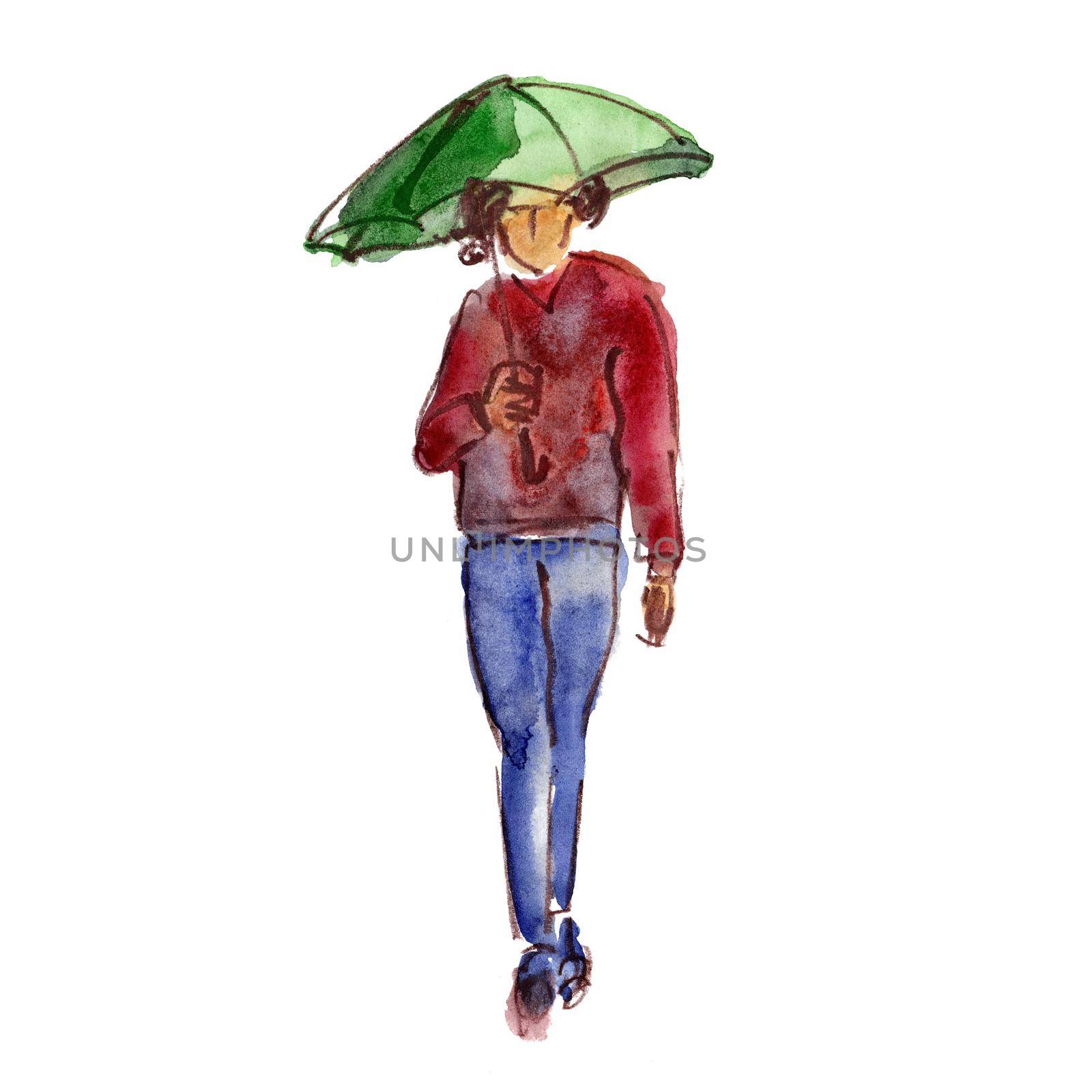 Hand drawn watercolor illustration of a girl walking under an umbrella by maclura
