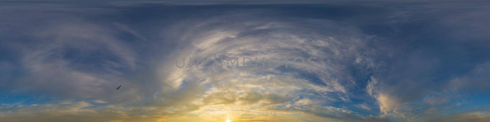 Dramatic sunset sky panorama with Cumulus clouds. Seamless hdr 360 pano in spherical equirectangular format. Complete zenith for 3D visualization, game and sky replacement for aerial drone panoramas by Matiunina