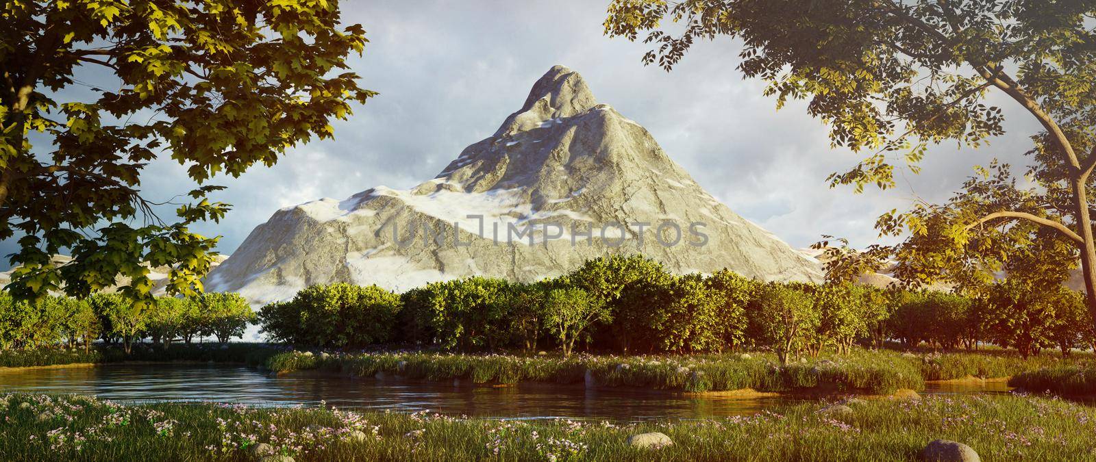 A beautiful lake in the forest on the background of a mountain, 3D rendering illustration.