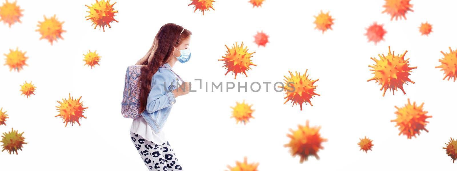 Young girl with protection mask against corona virus at school. by Taut