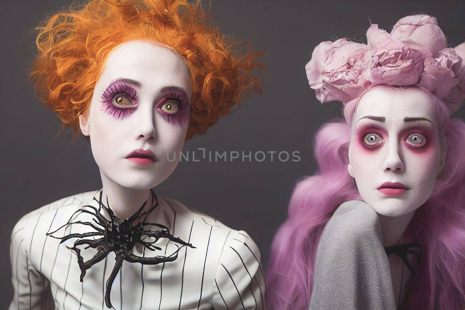 Spooky portrait pale white humanoid of a woman with light blonde and pink hair in halloween makeup. by FokasuArt