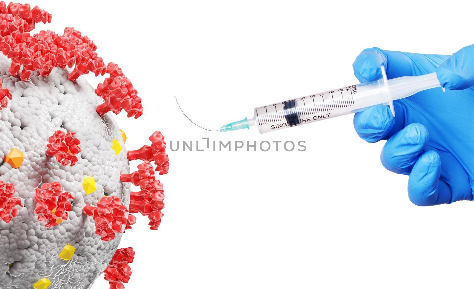 Hand holding syringe with vaccine against corona virus. by Taut