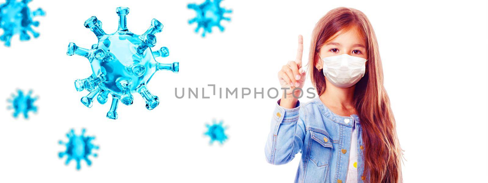 Young girl with protection mask against corona virus at school. by Taut