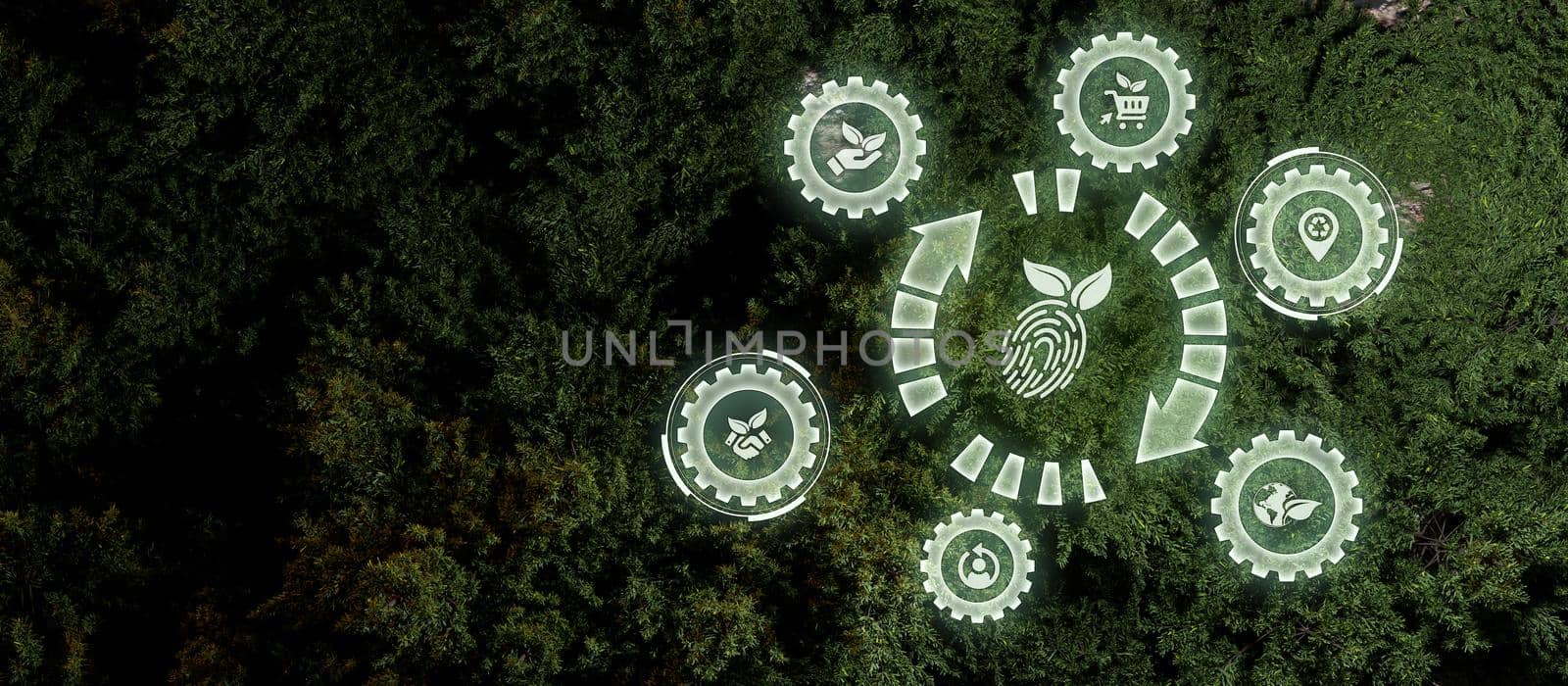 Connecting sustainable icons on green environment background and design. 3D illustration by yay_lmrb