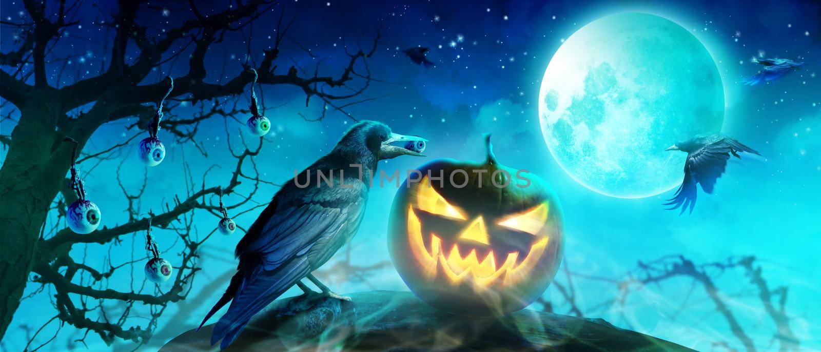 Horror background with scary crow in the darkness by Taut
