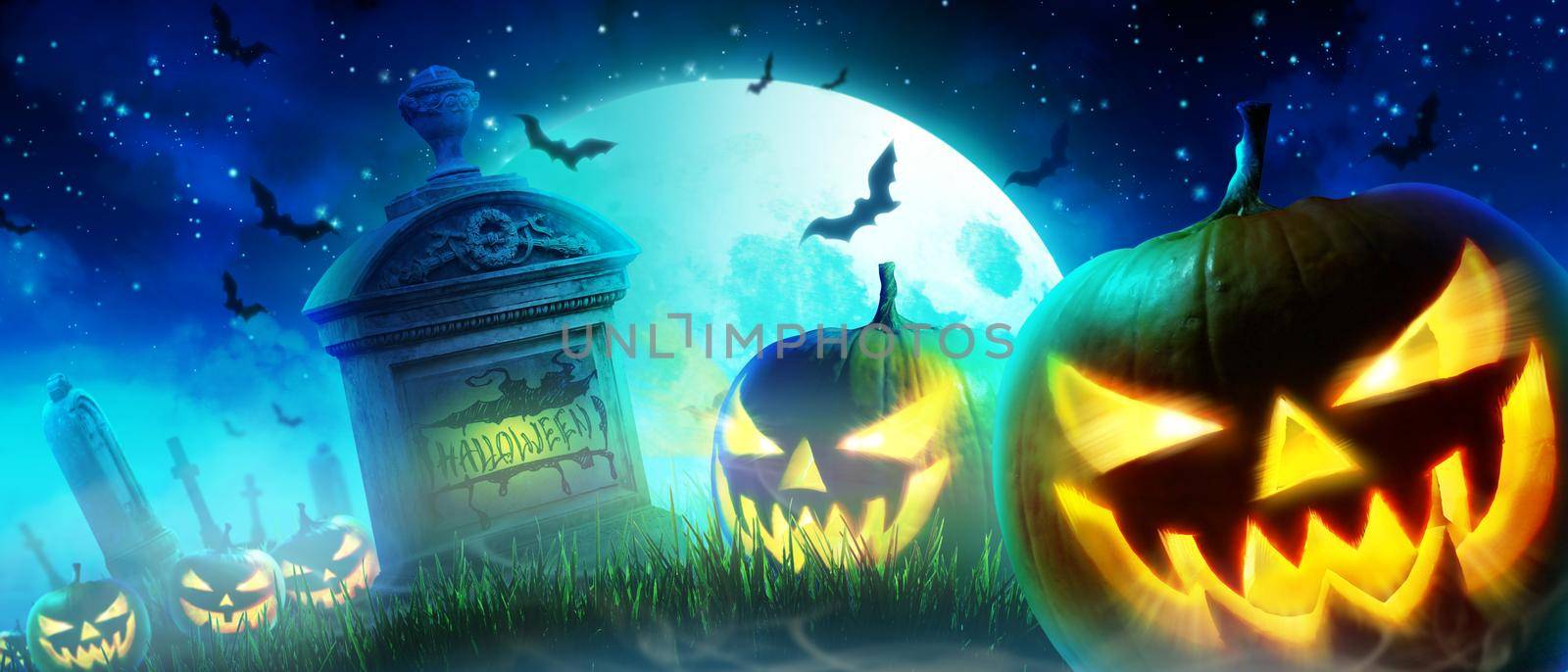 Halloween background with pumpkin in a spooky night.
