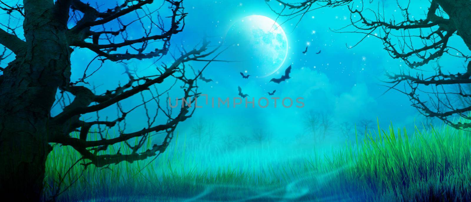Horror background with full moon in the darkness. by Taut