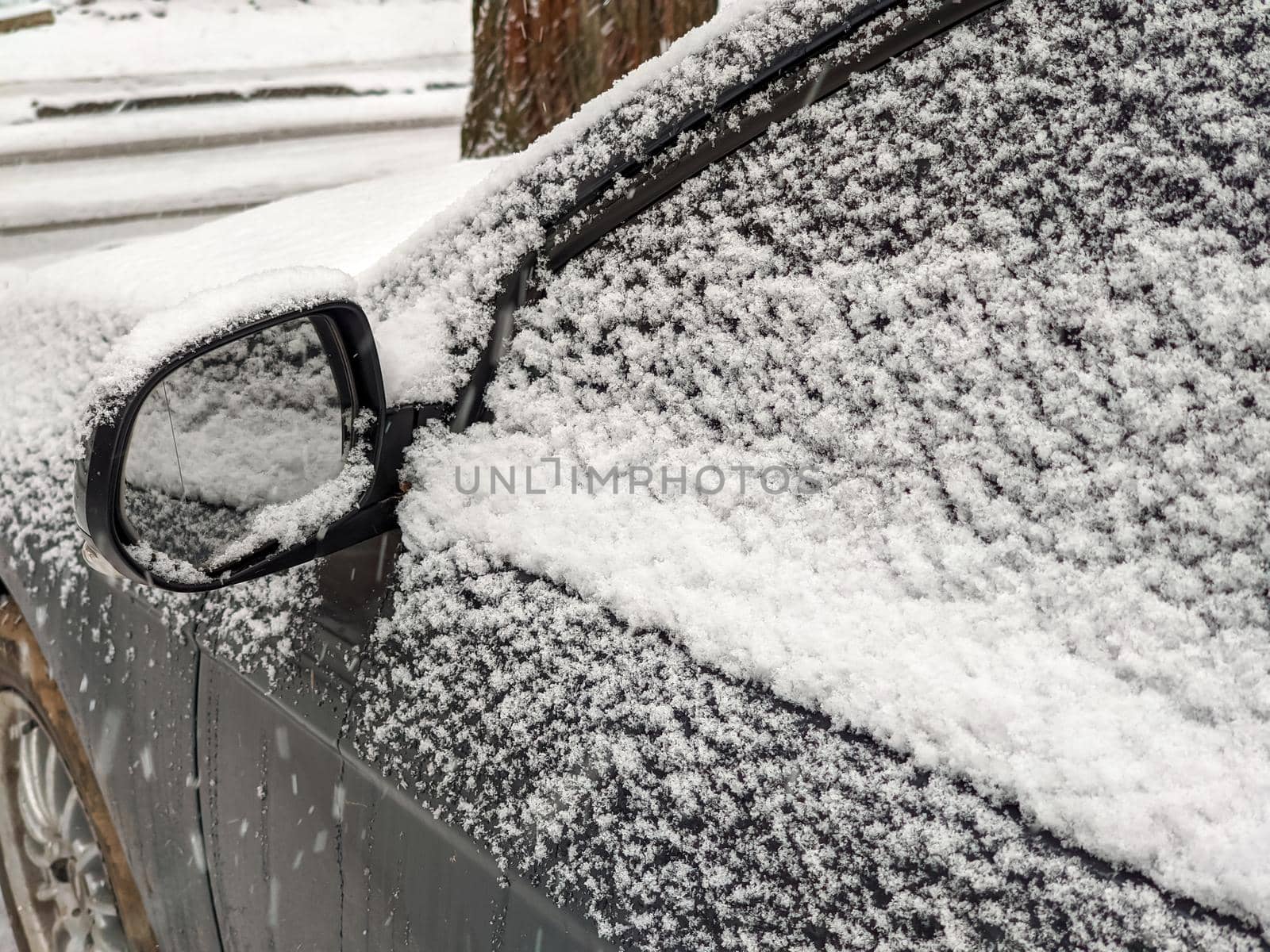 Left rear view mirror and side window of the car covered with snow.