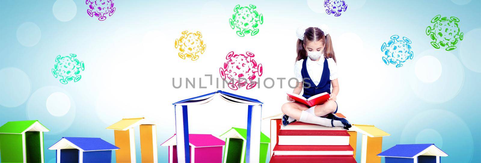 Young girl with protection mask against corona virus at school. by Taut