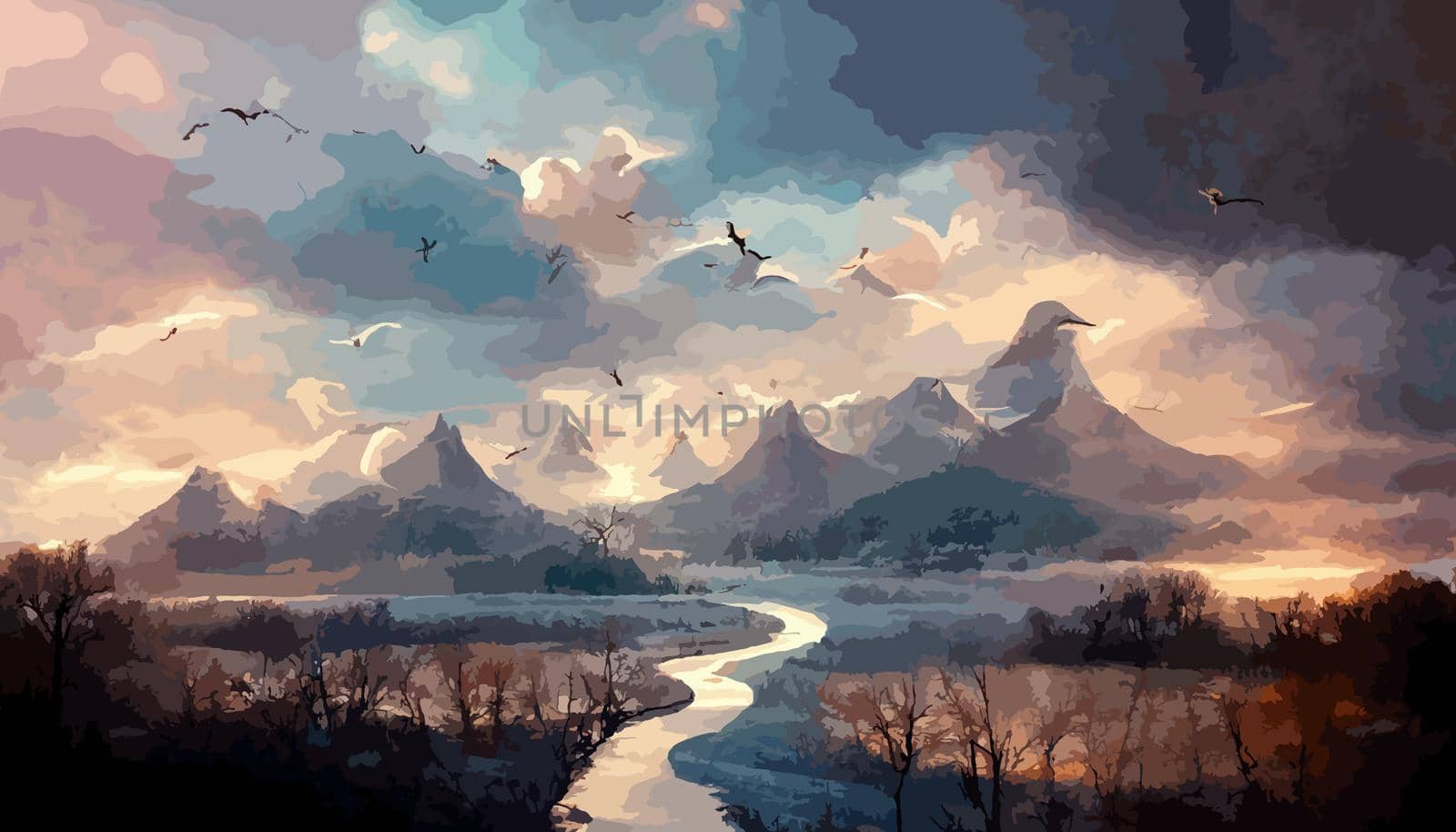 birds flying over rivers and mountains wallpaper illustration. illustration for wallpaper.