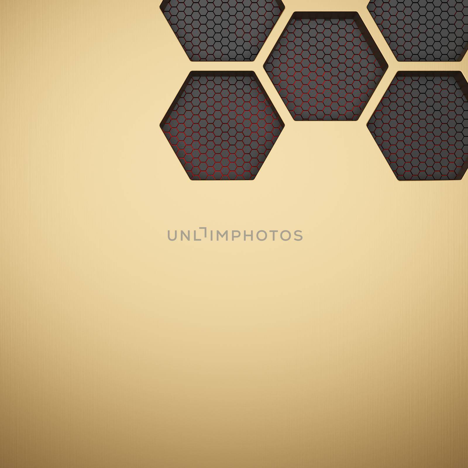 Gold metallic honeycomb and hexagon background pattern. 3d rendering