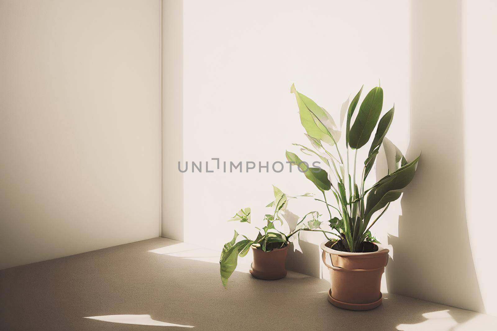 White empty room with plant. Room interior 3d illustration.